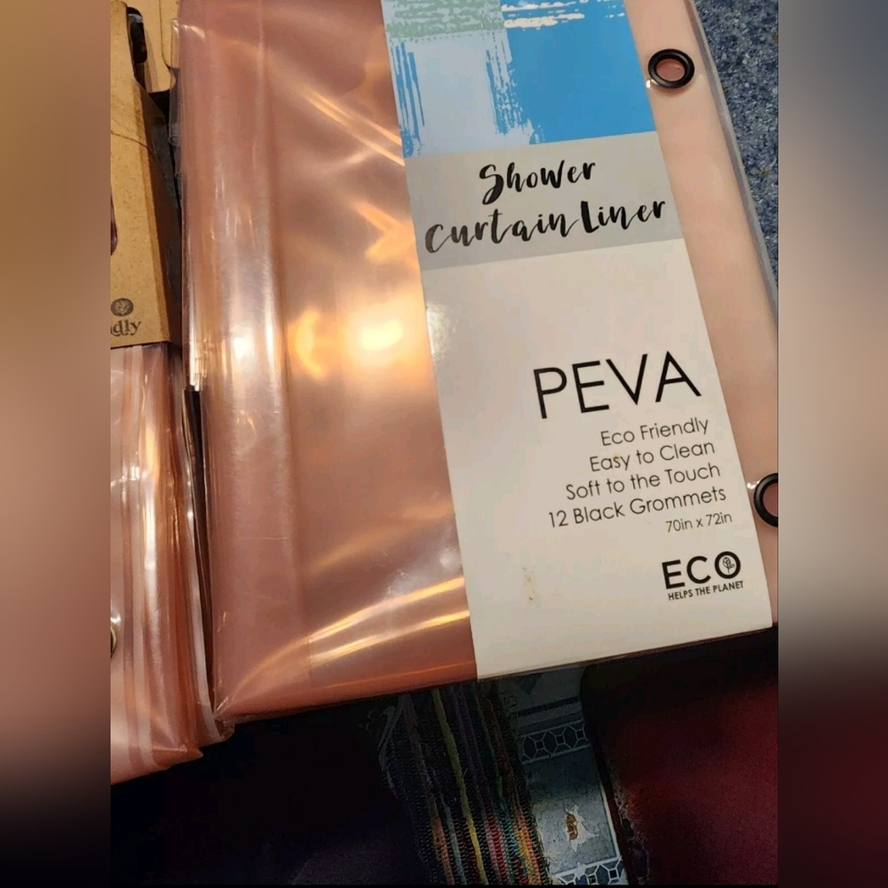 New peva pink shower curtain with  hooks and free white nestwell slippers .
